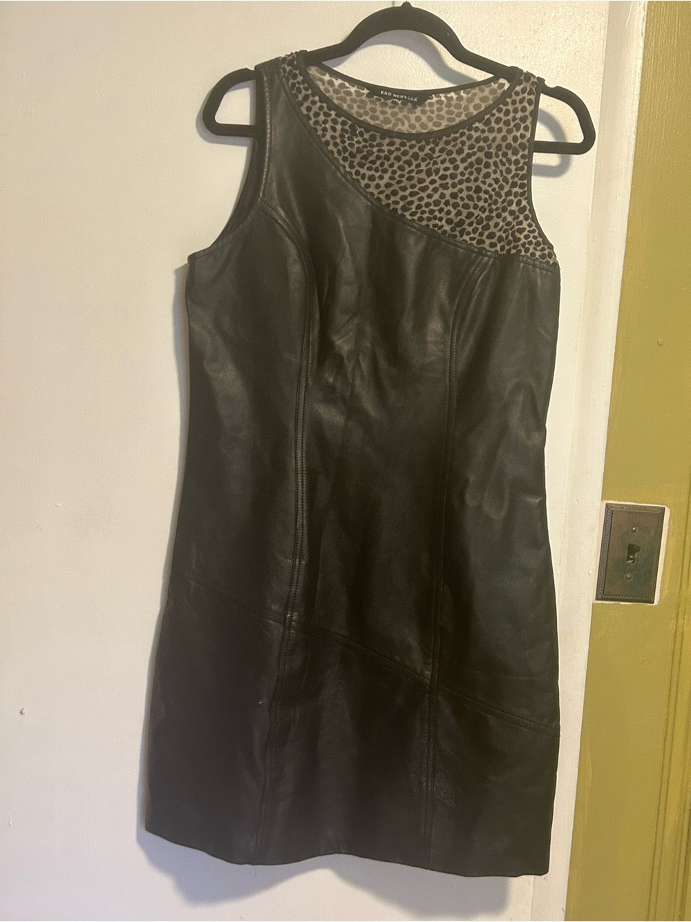 Kas New York Leather Black Tank Dress with Leopard Mesh Yoke